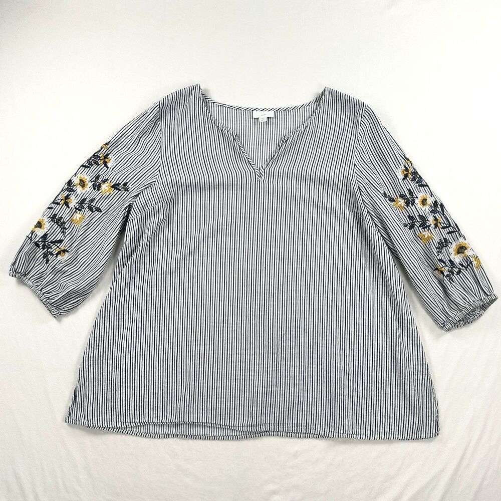 J Jill Embroidered V Neck Tunic Top Womens LP Large Petite Blue Striped Cotton